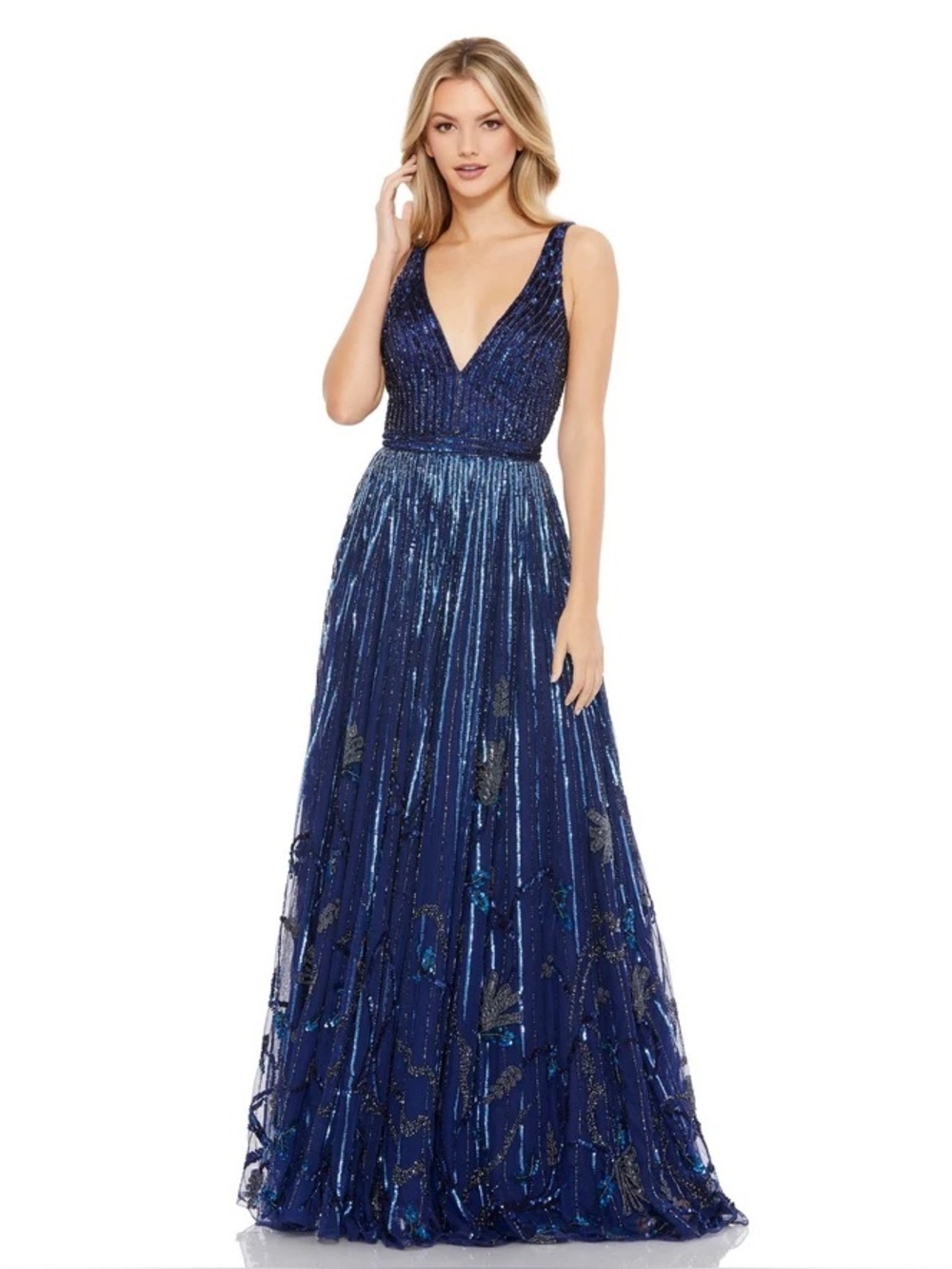 Mac Duggal 5226 Navy Blue V-Neck Sequin Sleeveless Gown Size 2 Like New 💙